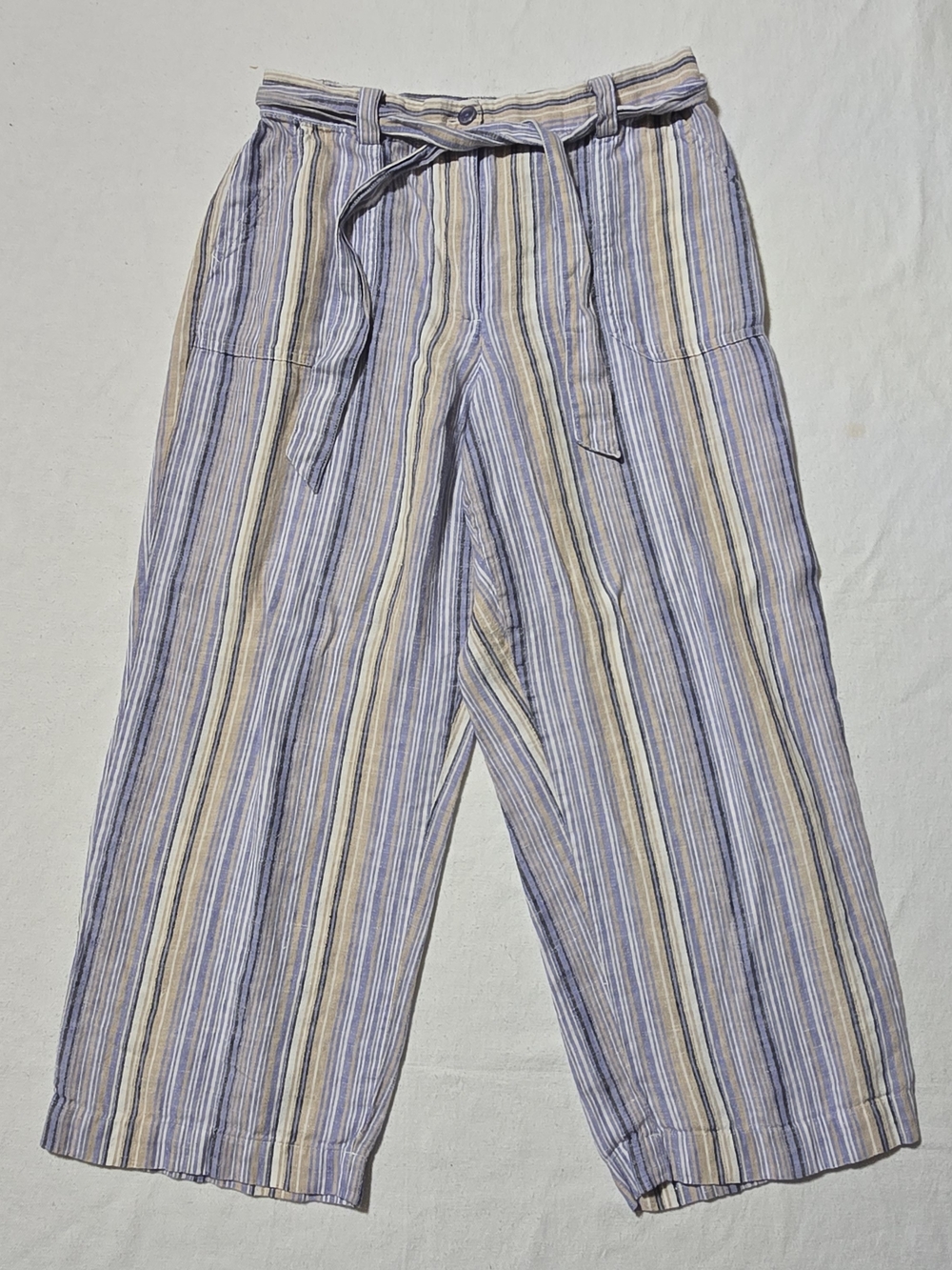 Vintage Linen Striped Wide-Leg Capris - Blue & Cream